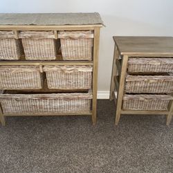 Wood & Wicker 7 Drawer Storage Dresser/Chest & Matching 3 Drawer Night Stand 