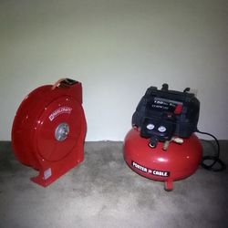 Porter Cable Air Compressor & Reelcraft Air Hose Reel With Hose.