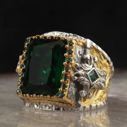 Men's Handmade 925 Sterling Silver Green Emerald Two-Tone Open Ring