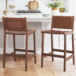 Set of 2 Faux Leather Woven Counter Stool. Brown