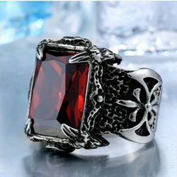 Size 10 Men Vintage Big Red Stone Square Shape Ring 925 Silver Plated