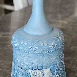 Vintage 1980s Soft Blue Fenton Blue Currier & Ives Winter Country Village Scene Horses