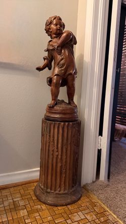 Vintage Painted Plaster Child Statue on Faux Bois Pedestal – ~46" Tall