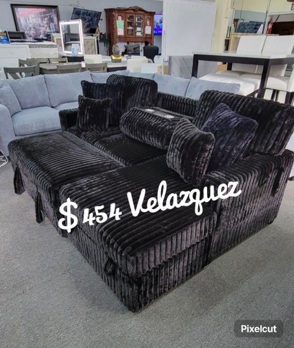 ✅️✅️2 pc Black fur like corduroy fabric sectional sofa with pop up sleep area and storage chaise drop down tray table USB ports✅️