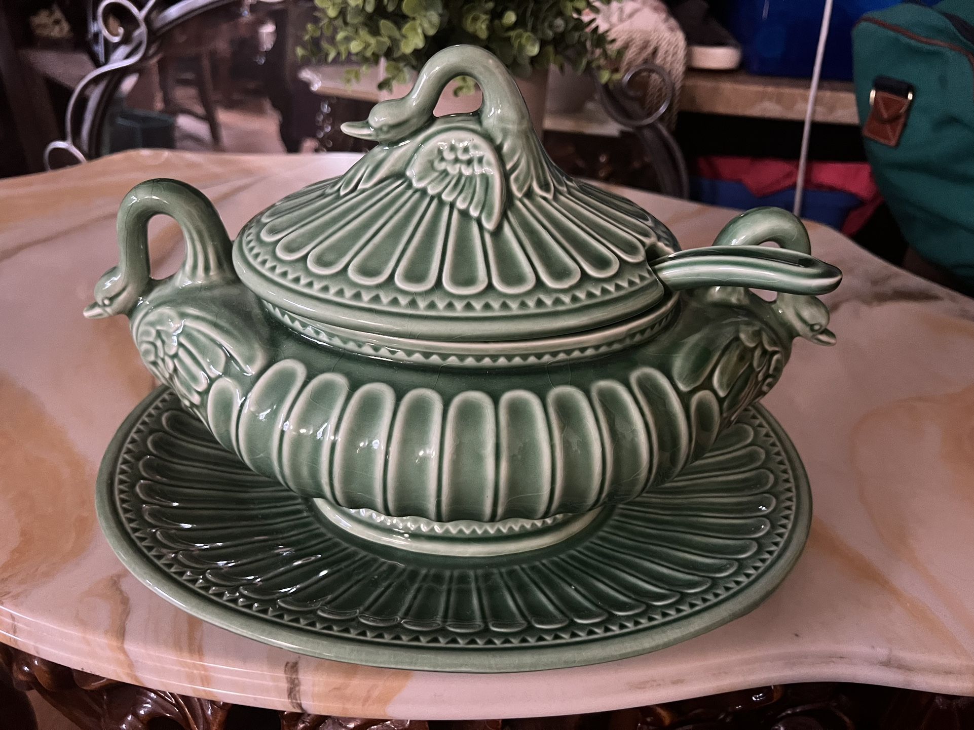 Porta Swan Soup Tureen Emerald Green Portugal 