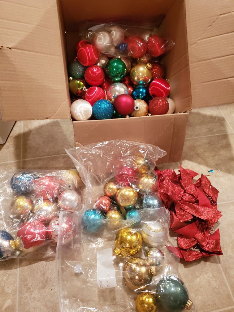 Lot 80+ Christmas decorations glass ball ornaments red bows gold blue