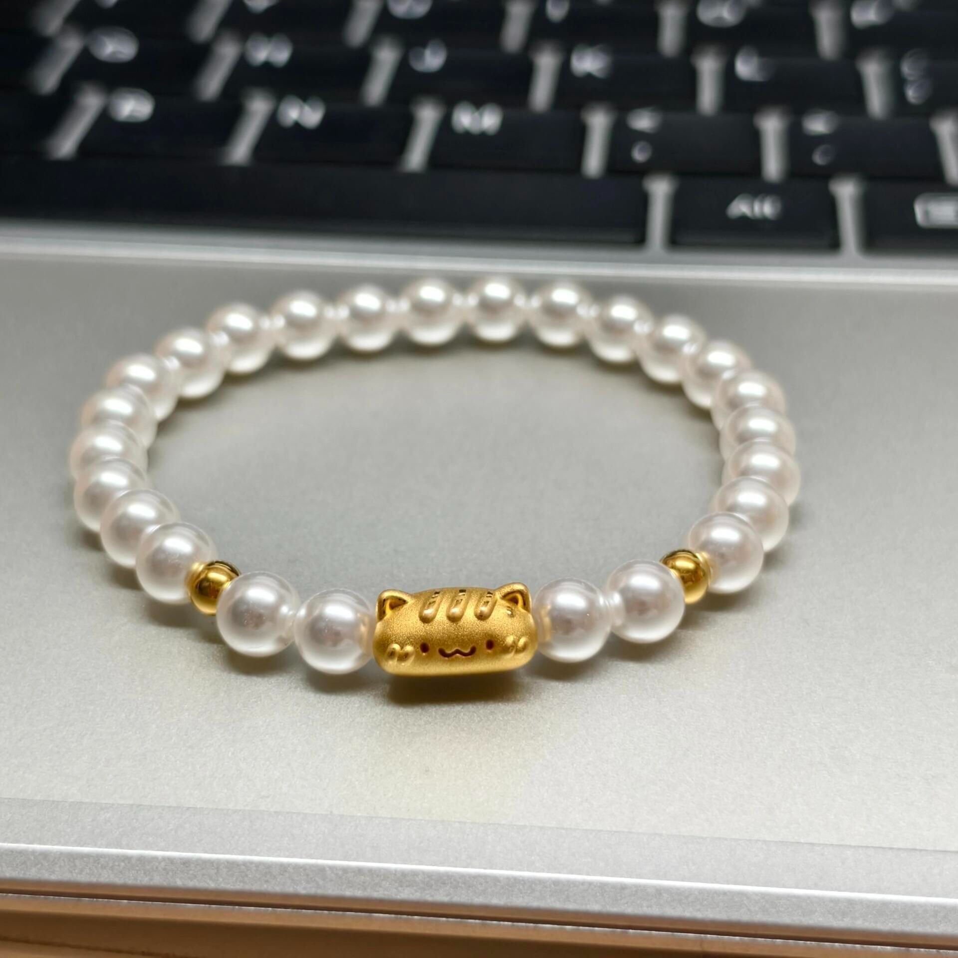 Cute golden baguette cat bracelet female best friend sweet and cute DIY pearl bracelet for girlfriend gift