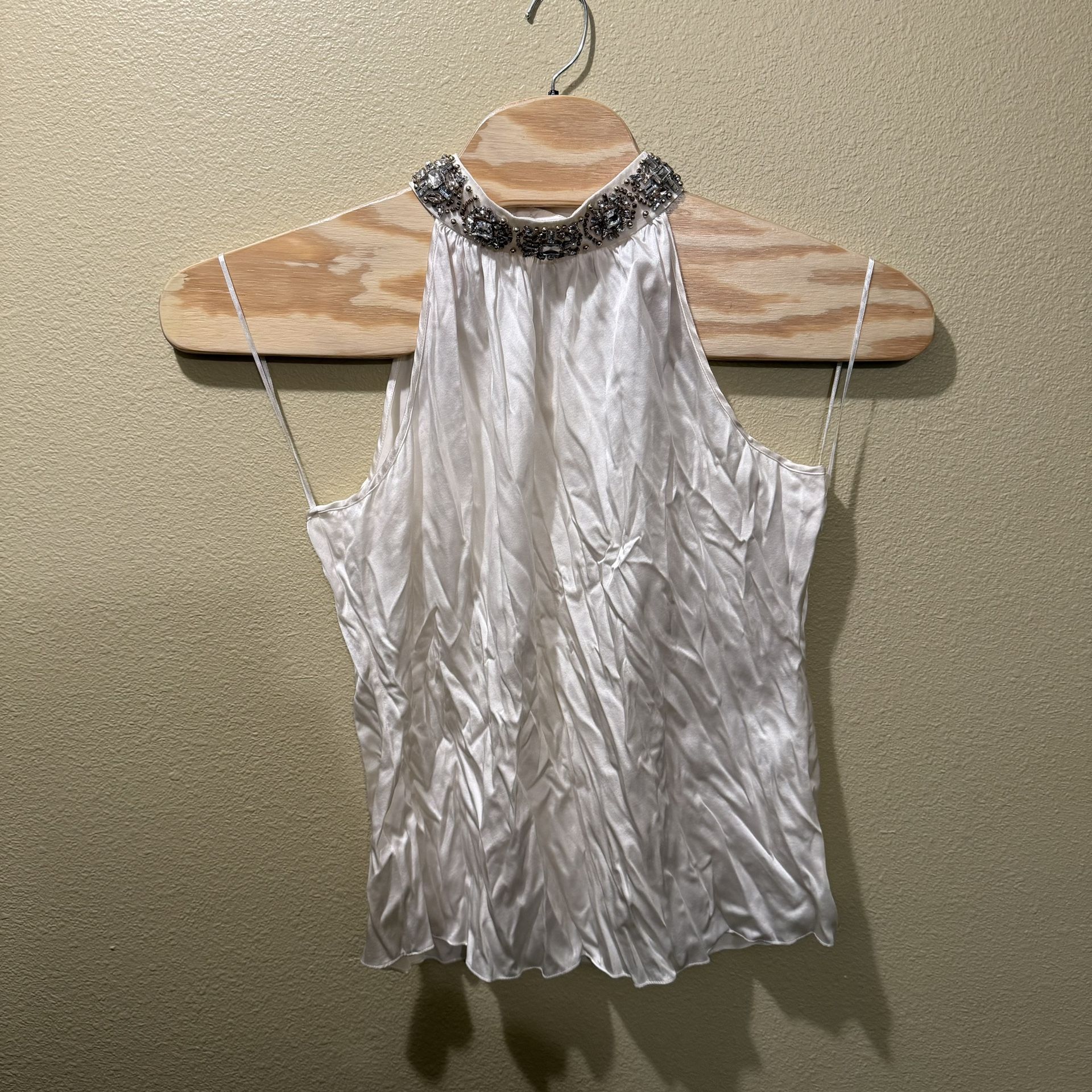 Women’s XL NWT Cache White Silk Bedazzled Neck Halter Tank Top