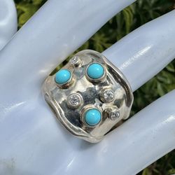 Modern Sterling Silver Turquoise & CZ Wide Band Ring