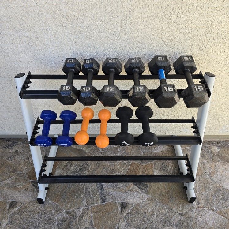( 108 Lbs Total Weight ) Set Of  Dumbells With Stand  / Hexagon  Weights / Exercise Weights