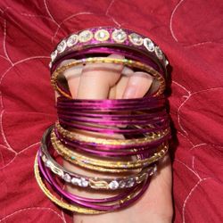 19PCS Hot Pink Gold Silver Rainbow Glitter Bracelet Stacker Set 