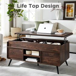 48" Lift Top Coffee Table with Slatted Sliding Door, Mid Century Modern Center Table with Hidden Storage Compartment,Lifting Tabletop & Adjustable She