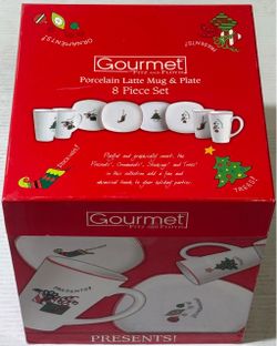 Fitz And Floyd Christmas Gourmet Latte Mugs And Plates 8 piece Set