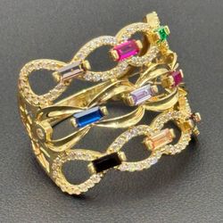 14k yellow gold Rainbow baguette multicolor gemstone Ruby Sapphire Emerald Onyx CZ ring sz11.5