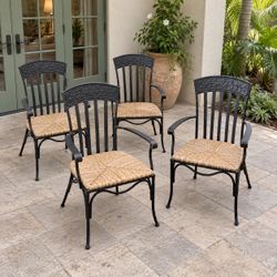 Set of 4 Iron Patio / Dining Chairs – Woven Seats