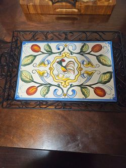 Fitz and Floyd Ceramic Rooster Tile Tray with Iron Frame