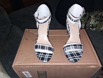Black and white high block heel open - toe size 5.5