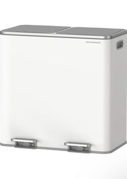 Trash Can, 2 x 10.6 Gallon (2 x 40 L) Garbage Can for Kitchen, with 15 Trash Bags, 2 Compartments, Plastic Inner Buckets and Hinged Lids, Airtight, Wh