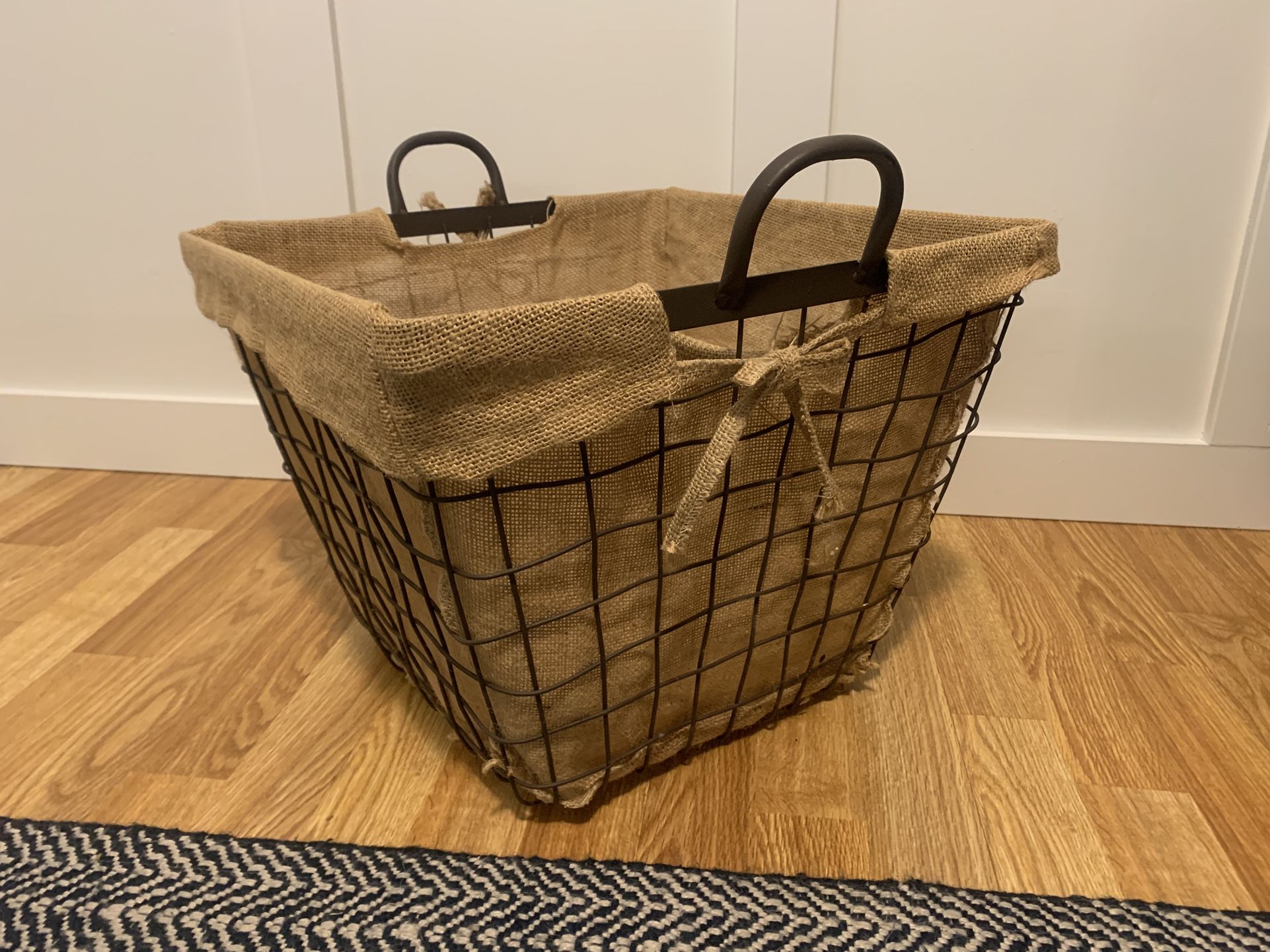 Brown Metal Basket With Burlap Lining