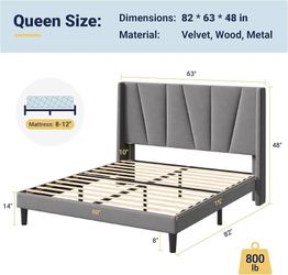 Queen Size Platform Velvet Bed Frame with Headboard, Grey Boho Geometric Wingback Headboard, Wooden Slats Support, No Box Spring Needed, Easy Assembly