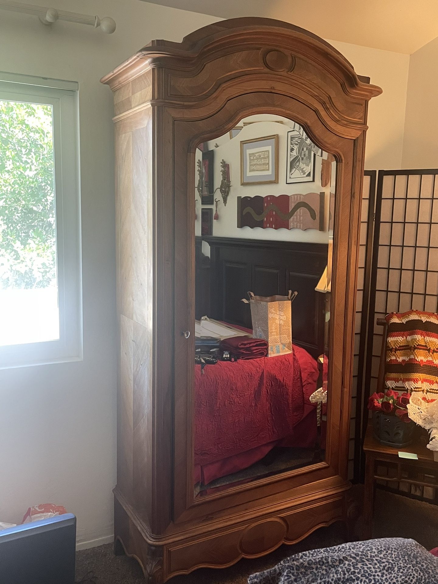 Antique Walnut Bonnetiere wardrobe W/ Large Mirror Door