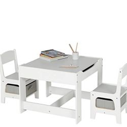 NEW KIDS WHITE & GREY TABLE AND CHAIRS SET WITH STORAGE