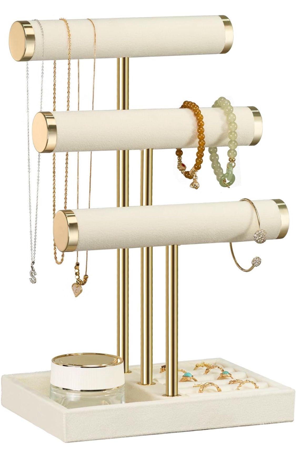 3 Tier Bracelet Holder Display - Detachable T Bar Beige Velvet Bracelet Holder, Jewelry Holder Organizer for Bracelet, Necklace, Watches, Rings
