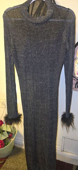 Say what? Long Bodycon Mesh (sheer) Dress with Feathers, size xl