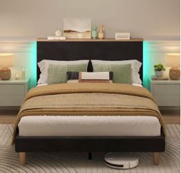 Black Wood Fame Full Size Velvet Upholstered platform bed frame with storage headboard & LED Lights