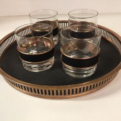4 Glasses with Removable Copper and Black Ring And Serving Tray