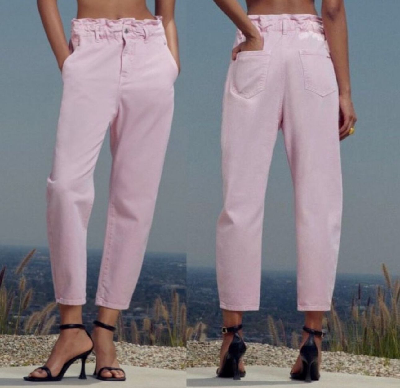 Zara Womens light Pink Paperbag Waist Jeans Size 28 highwaist zip button nwot