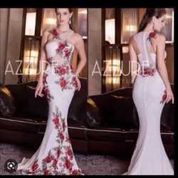 Azzure Couture Ivory & Red Floral Gown, Style # FM230