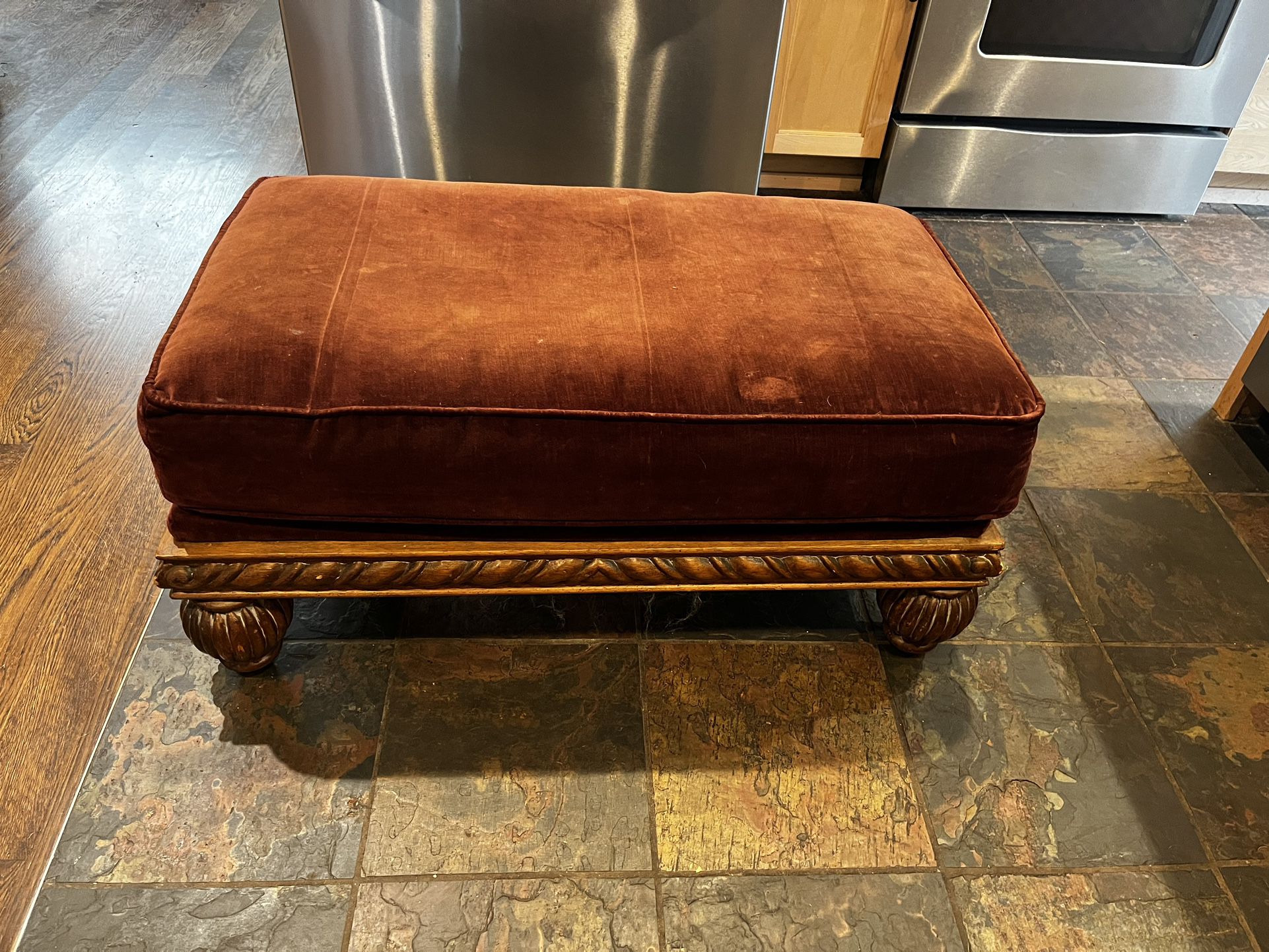 Velour And Wood Ottoman 
