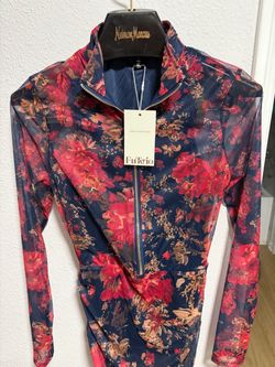 FU TARIO Floral Print Front-Zip Mesh Mini Dress