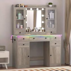 Gray Vanity Desk with Mirror and Lights, 43" Makeup Vanity Set with 5 Drawers & Glass Cabinets, Makeup Tray, Power Outlet & Adjustable LED Lights, Dre