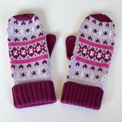 New Lands’ End Women’s Fair Isle Acrylic Knit Mittens, Soft Iris Purple, S/M