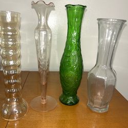 Vintage Glass Vases Set (4) – Green, Pink Etched, Amber & Clear Decorative