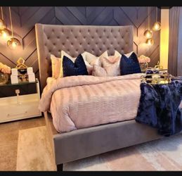 New Gray Velvet Like Fabric Solid Wood Queen Size Mirabelle Bed🔥 Fastest Delivery 🚚 