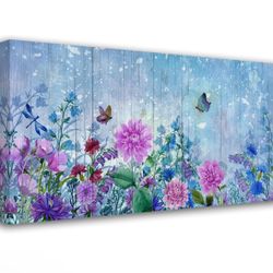 Acocifi Floral Canvas Wall Art Purple Nature Flowers Butterfly Landscape Painting, Blue Botanical Picture Textured Artwork Large Framed for Living Roo