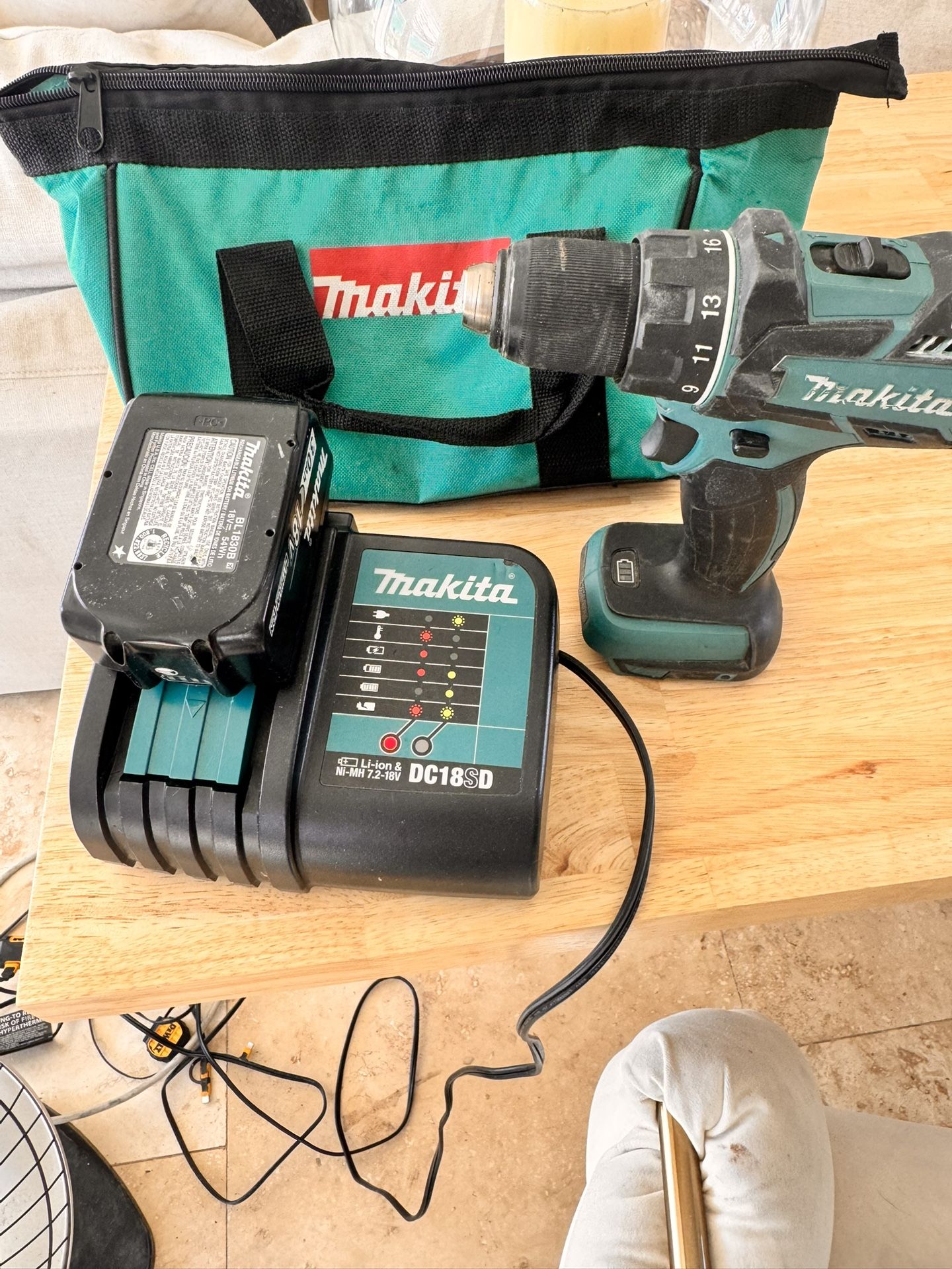 Excellent Condition Makita Drill, Battery, Charger And Bag For Only 75.00