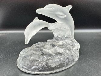 Vintage Lead Crystal Frosted Dolphin Pair Clear Ocean Wave Base Figurine