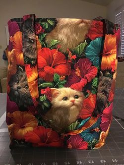 Cat and Floral Print Fabric Tote Bag