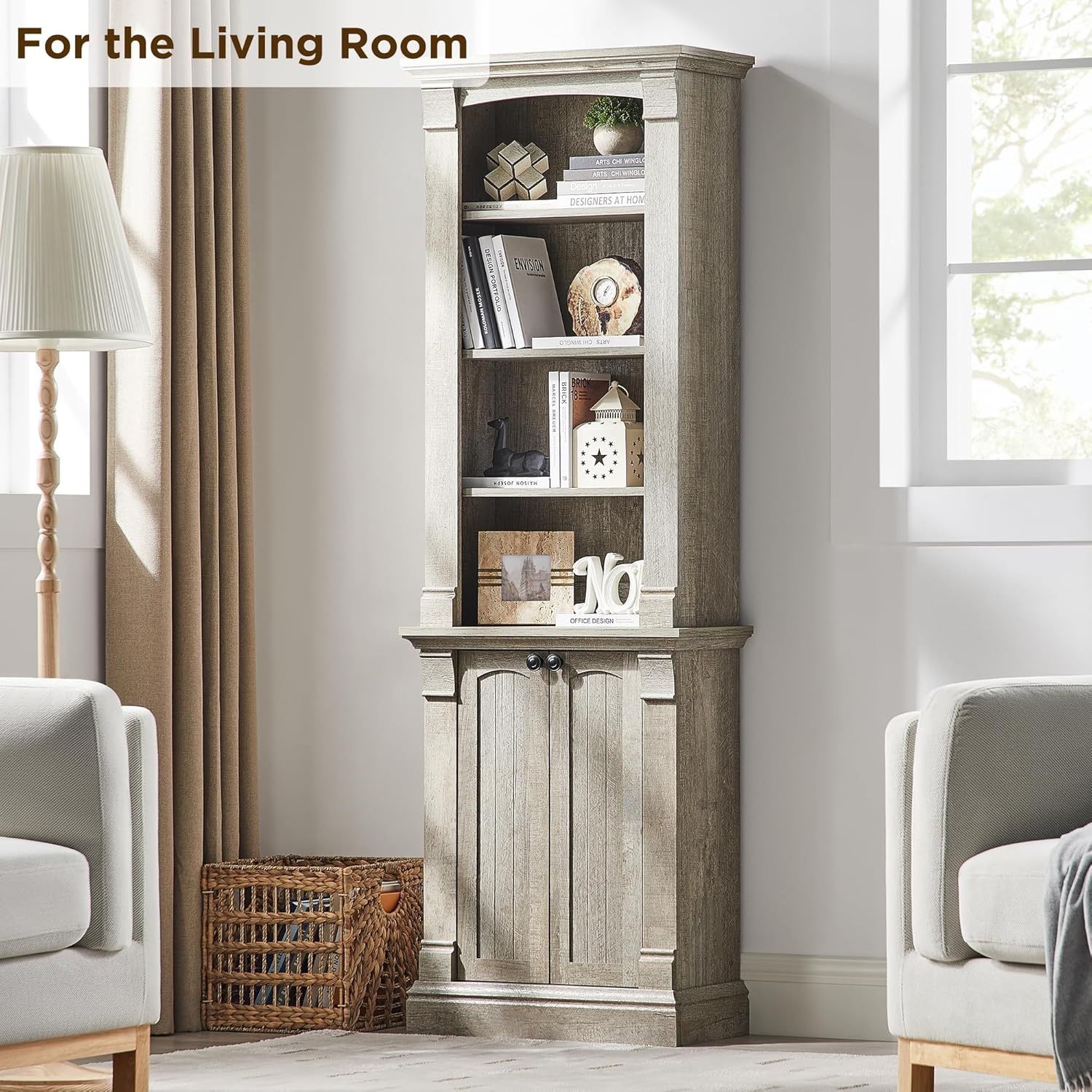 Farmhouse Bookcase with Storage Cabinet, 72" Tall Bookshelf with Adjustable Shelves 4-Tier Open Wood Shelf Bookcase