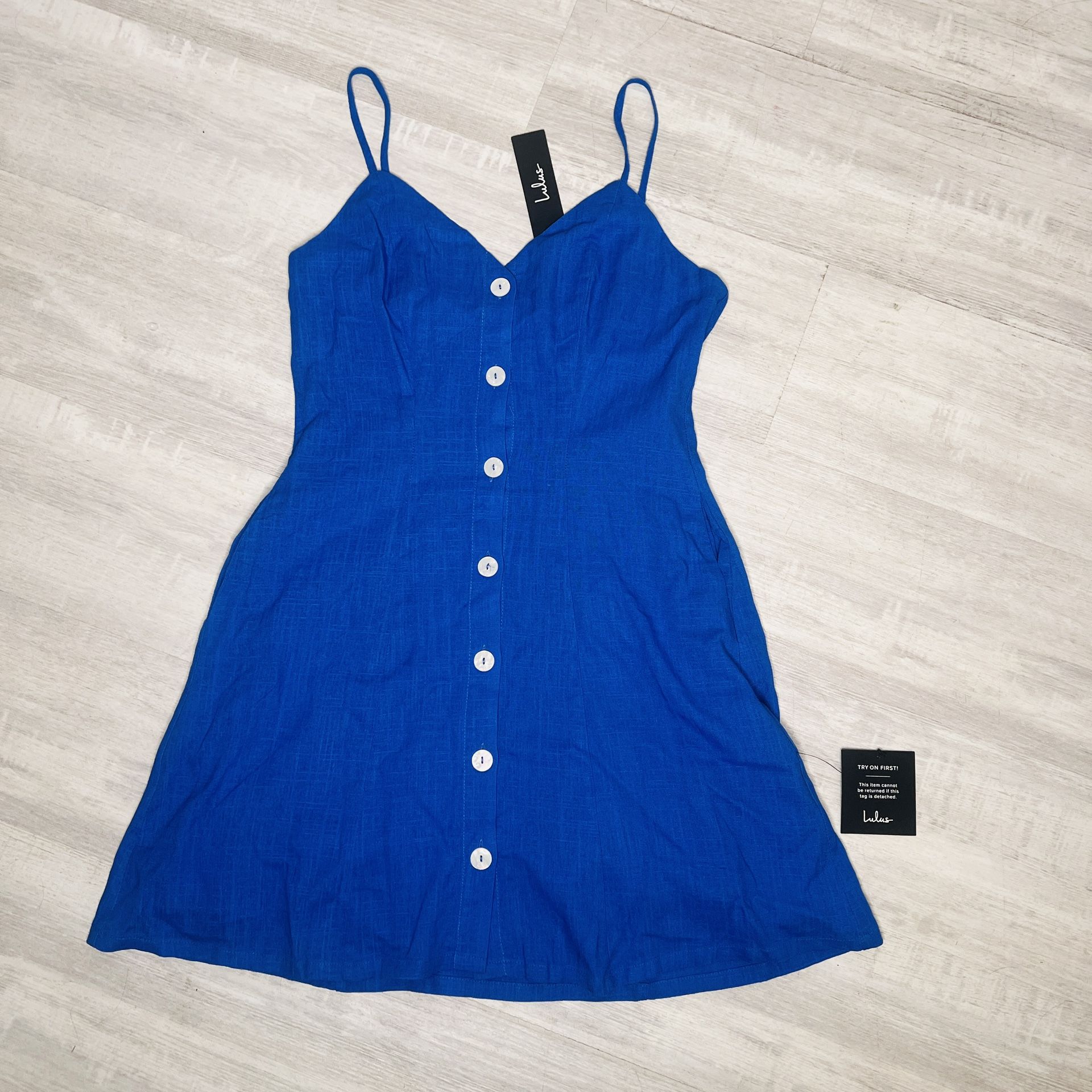 NWT Lulus Royal Blue Linen Buckle Up Short Mini Dress With Pockets Size Small