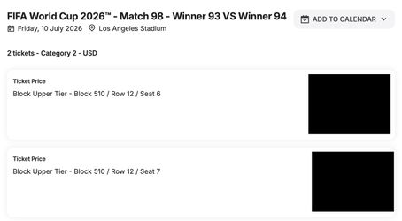 2x Cat 2 World Cup Match 98 2500 OBO