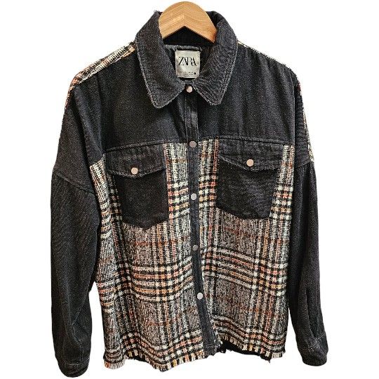 Zara Tweed & Denim Black Snap Button Shacket Jacket Size Large