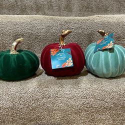Lot of 3 New Fall Decor - Halloween - Ceramic Pumpkins Flocked Teal design  8"