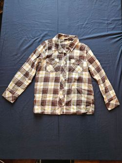 Brown and white volcom plaid button-down flannel shirt with yellow accents