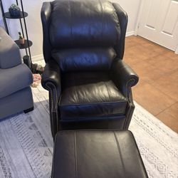 Top Grain Leather Armchair with Ottoman,Nailhead Trim, Excellent Condition