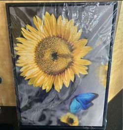 New Sunflower Picture With Blue Butterfly on canvas. Ready To Hang 12” x 16”